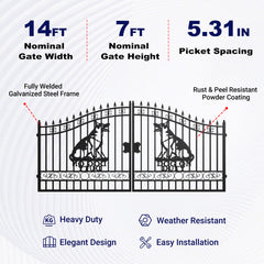 14x7 ft Steel Dual Swing Driveway Gate with Dog Pattern
