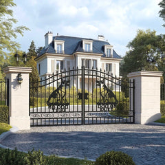 14x7 ft Steel Dual Swing Driveway Gate with Dog Pattern
