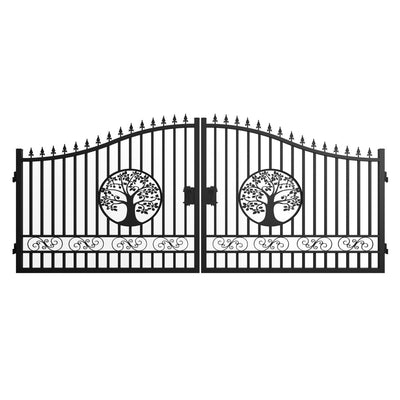 16x8 ft Steel Dual Swing Driveway Gate with Tree Pattern