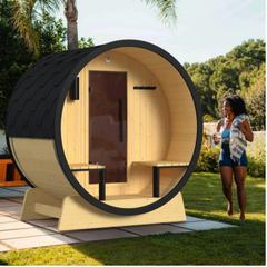 ALEKO Celasia White Finland Pine Barrel Sauna with Front Porch Canopy - 2-4 Person