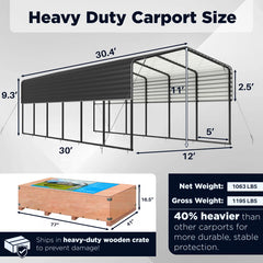 30L x 12W x 11H ft Metal Carport with Corrugated Roof - Black