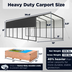 ALEKO 12 x 30 x 9.6' Metal Carport with Corrugated Roof - Black