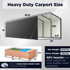 ALEKO 12 x 26 x 9.6' Metal Carport with Corrugated Roof and Sidewall Panels - Black