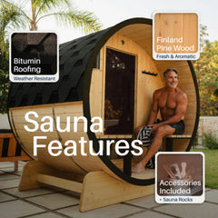 ALEKO Celasia White Finland Pine Barrel Sauna with Front Porch Canopy - 2-4 Person