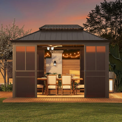 Alora Terrace Fully-Enclosed Outdoor Black Sunroom With Lockable Sliding Doors And Galvanized Double Steel Roof (SAK81634)