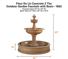 Fleur De Lis Concrete 2 Tier Garden Fountain with Basin - 1662