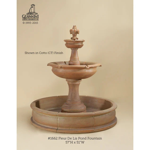 Fleur De Lis Concrete 2 Tier Garden Fountain with Basin - 1662