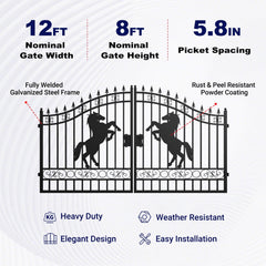 12x8 ft Dual Swing Driveway Steel Gate
