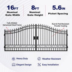 16x8 ft Steel Dual Swing Driveway Gate