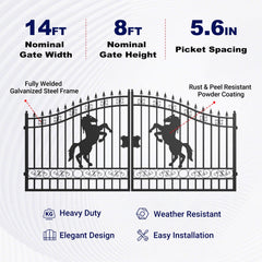 14x8 ft Steel Dual Swing Driveway Gate with Horse Pattern
