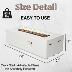 Outdoor Rectangle Propane Fire Pit Table 60inch, White