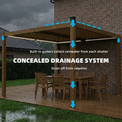 Pergola Louvered Metal Brown 9.8x9.8ft Solar LED Drainage