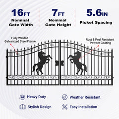 16x7 ft Steel Dual Swing Driveway Gate with Horse Pattern