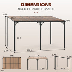 Wall-Mounted Patio Gazebo Large Outdoor Hardtop Pergola with Sloped Polycarbonate Roof-Black